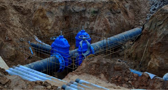 Lombardia Spurghi - Servizio di riparazioni tubi, impianto di tubature interrato con tubi di colore blu dotato di snodi per la regolazione del flusso.