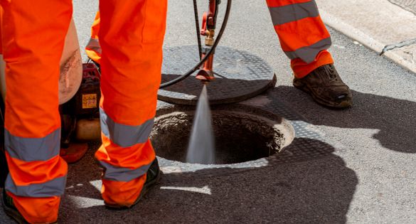 Lombardia Spurghi - Operatore dotato di pistola con getto d'acqua ad alta pressione per la pulizia di una caditoia stradale.