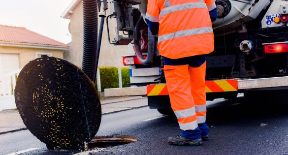 Lombardia Spurghi - Servizio di videoispezioni e mappature operatore lascia calare il tubo di aspirazione all'interno di uno scarico fognario di una strada allo scopo di effettuare dei lavori di manutenzione.